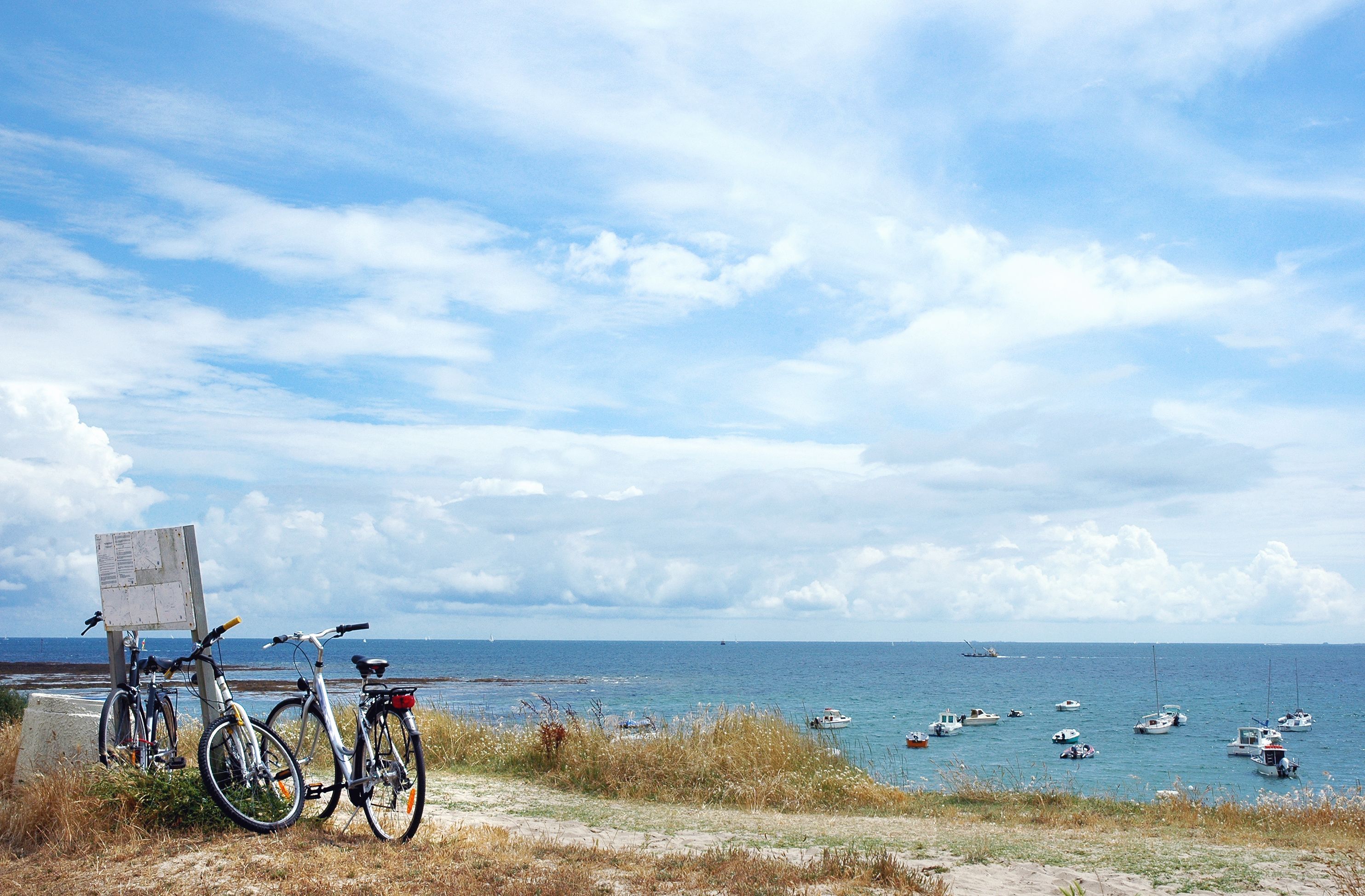 A coastal scene with bicycles parked near a signboard, overlooking a calm sea with several boats.