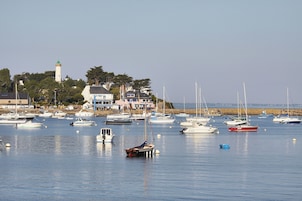 A marina with various boats docked, a lighthouse in the background, and a coastal town with buildings and trees.