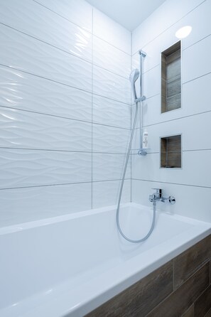 Eco-friendly toiletries, hair dryer, towels