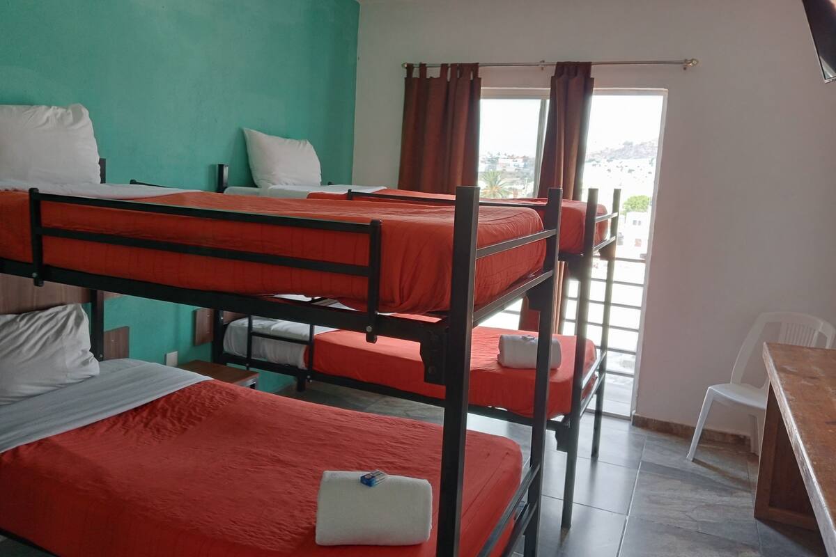 A dormitory room with bunk beds, a desk, and a window with curtains.