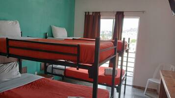 Desk, laptop workspace, blackout curtains, iron/ironing board