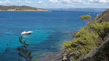 A boat on a clear blue sea with a rocky coastline and greenery.