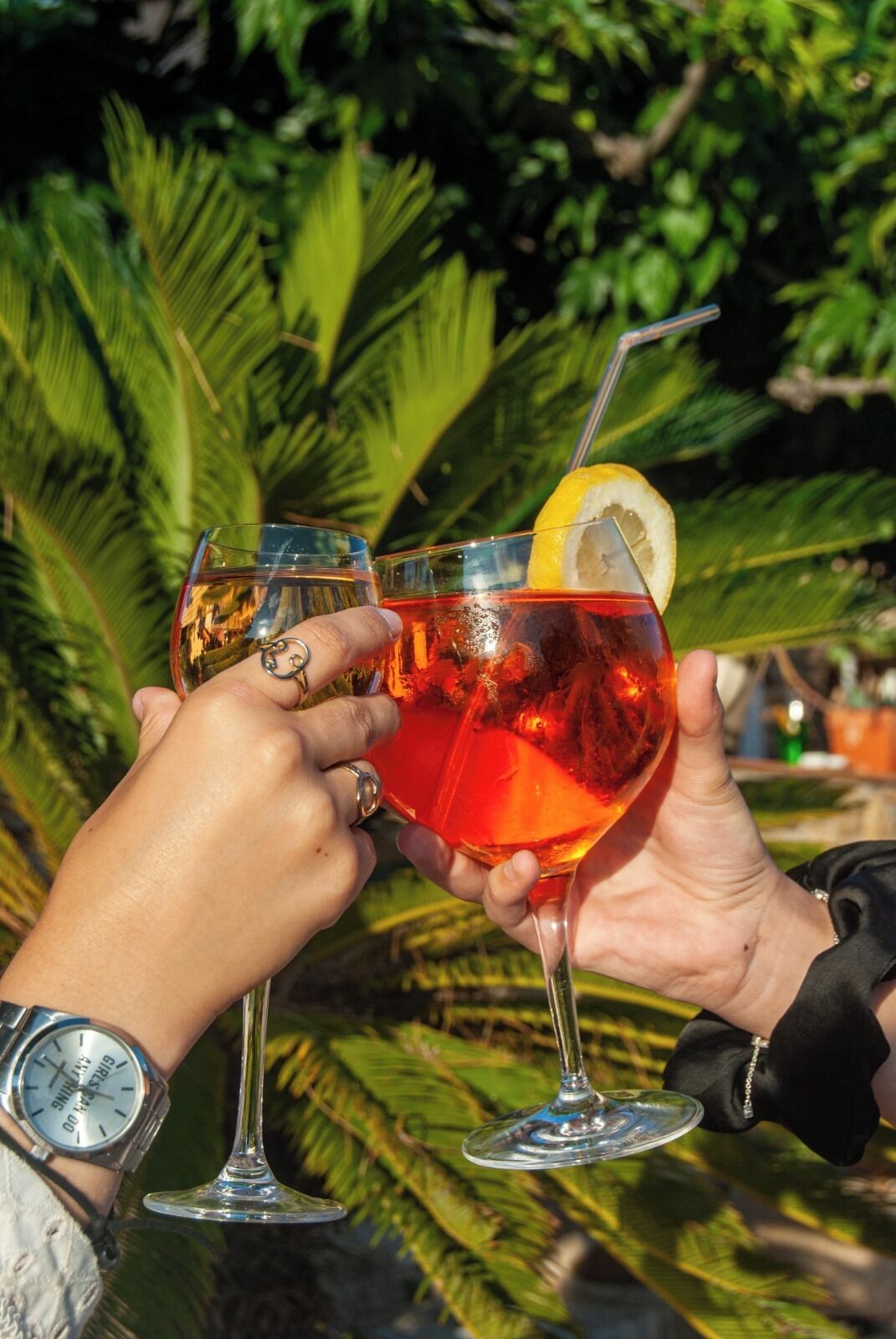 Two people holding glasses of a red beverage with a lemon slice, outdoors with greenery in the background.
