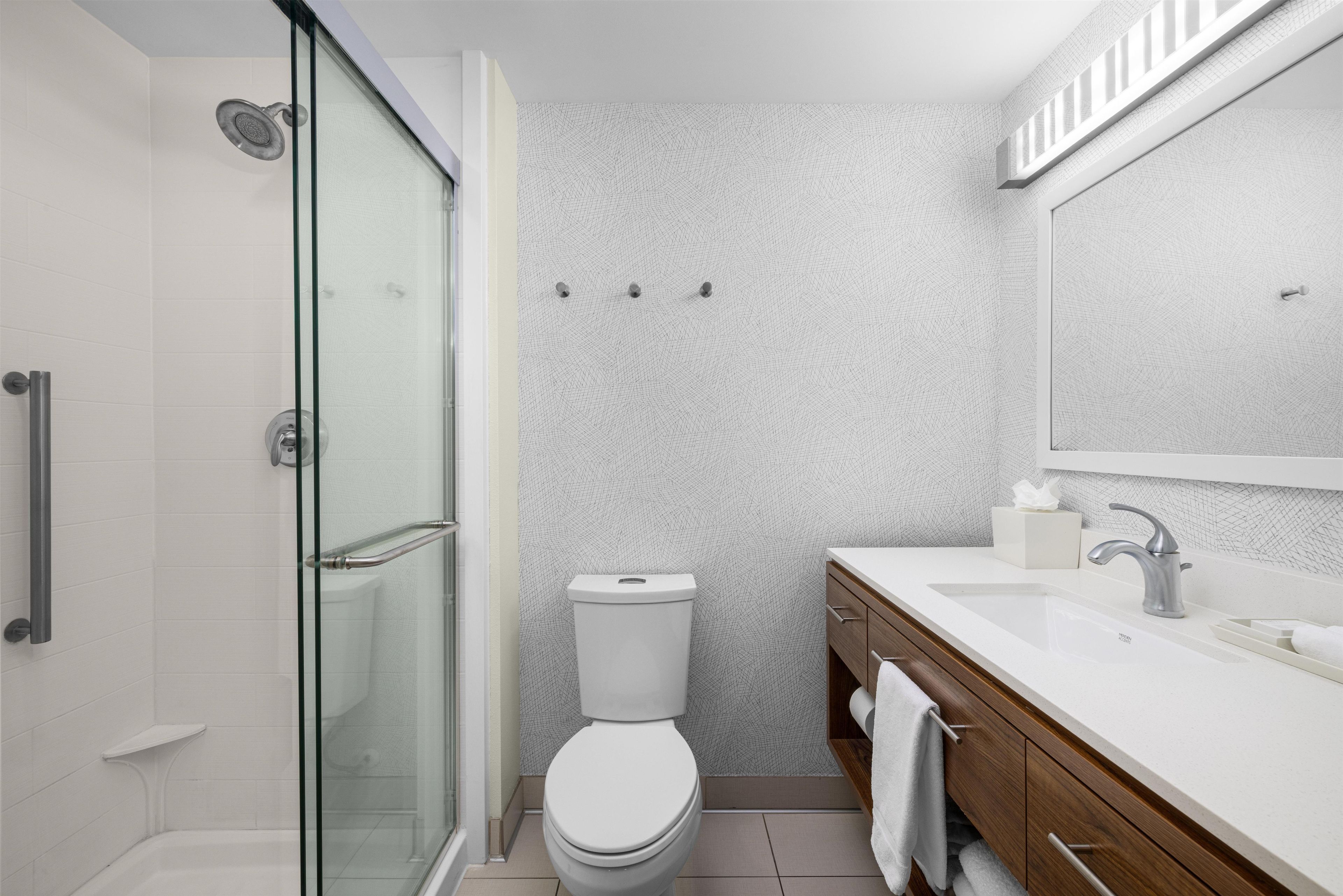 A modern bathroom with a glass shower enclosure, a toilet, and a vanity with a mirror.