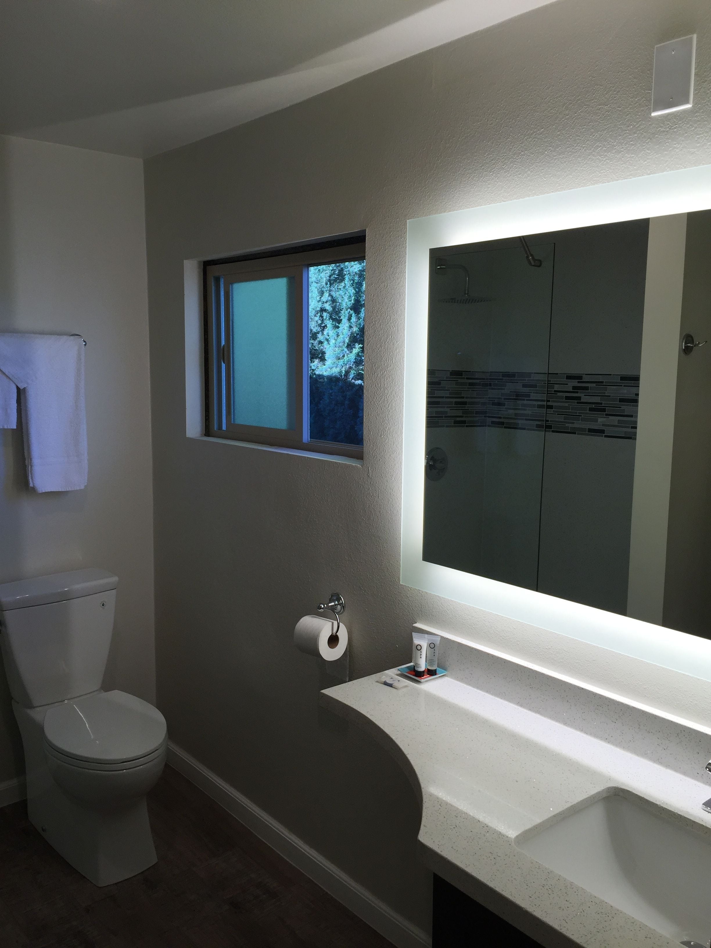 A bathroom with a toilet, a sink, a mirror, and a window.