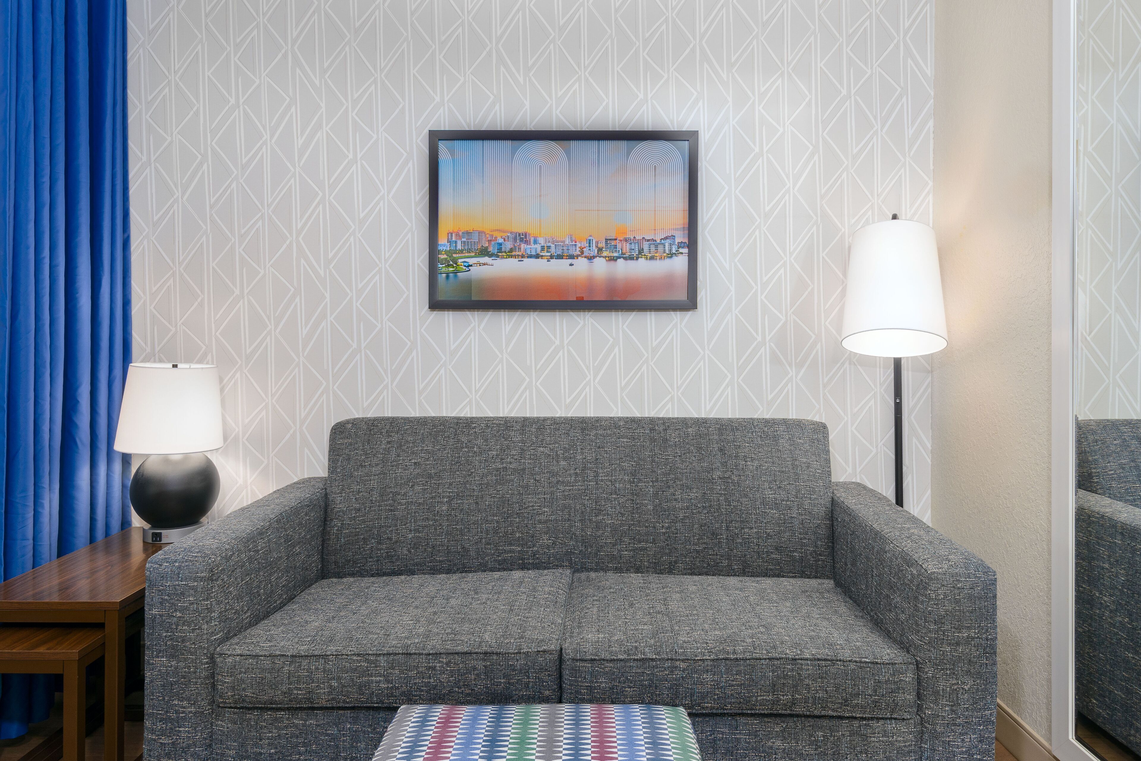 desk, laptop workspace, blackout curtains, iron/ironing board