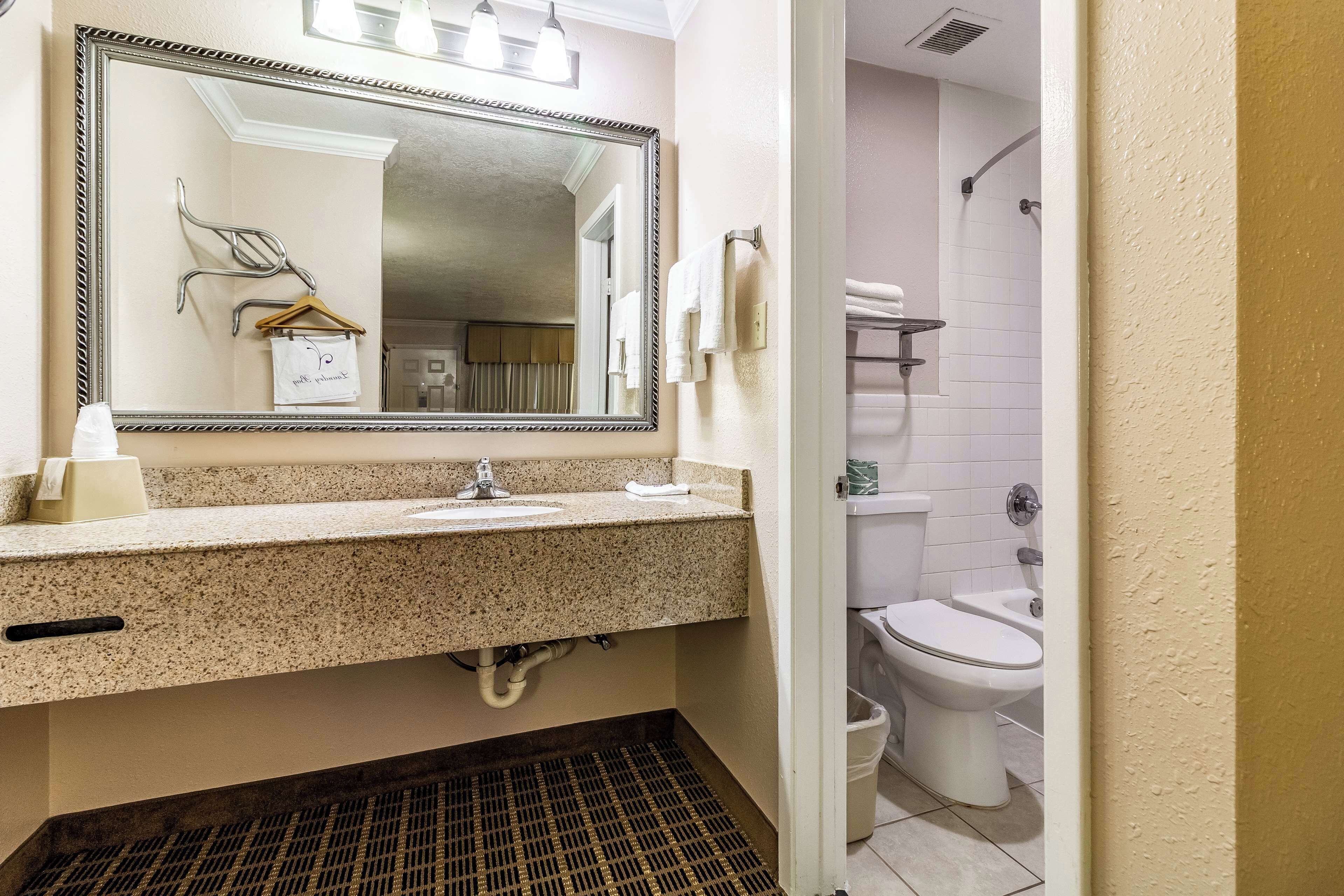A bathroom with a large mirror, a sink with a towel rack, and a toilet.