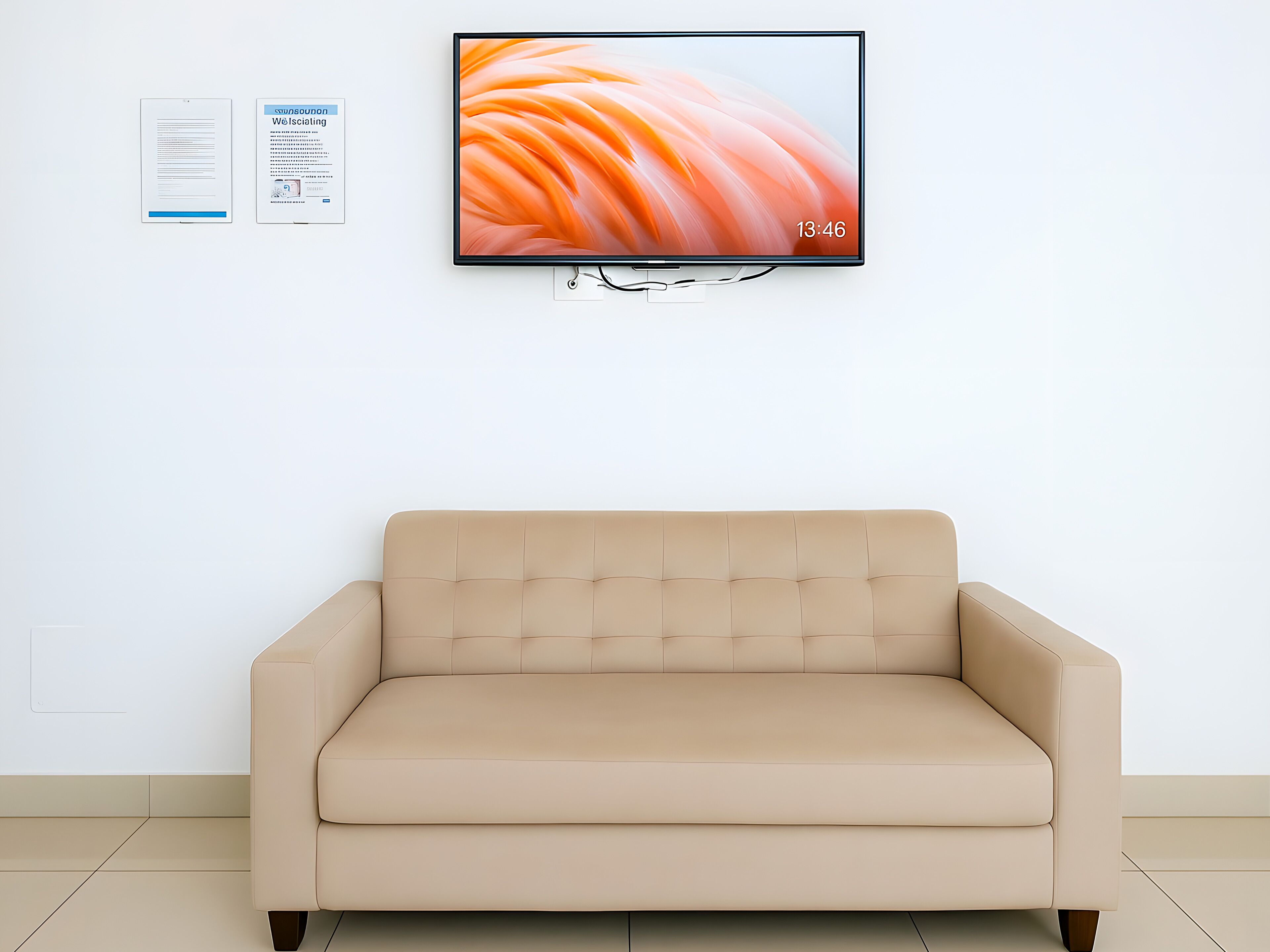 A beige sofa in a room with a mounted TV displaying a floral wallpaper.