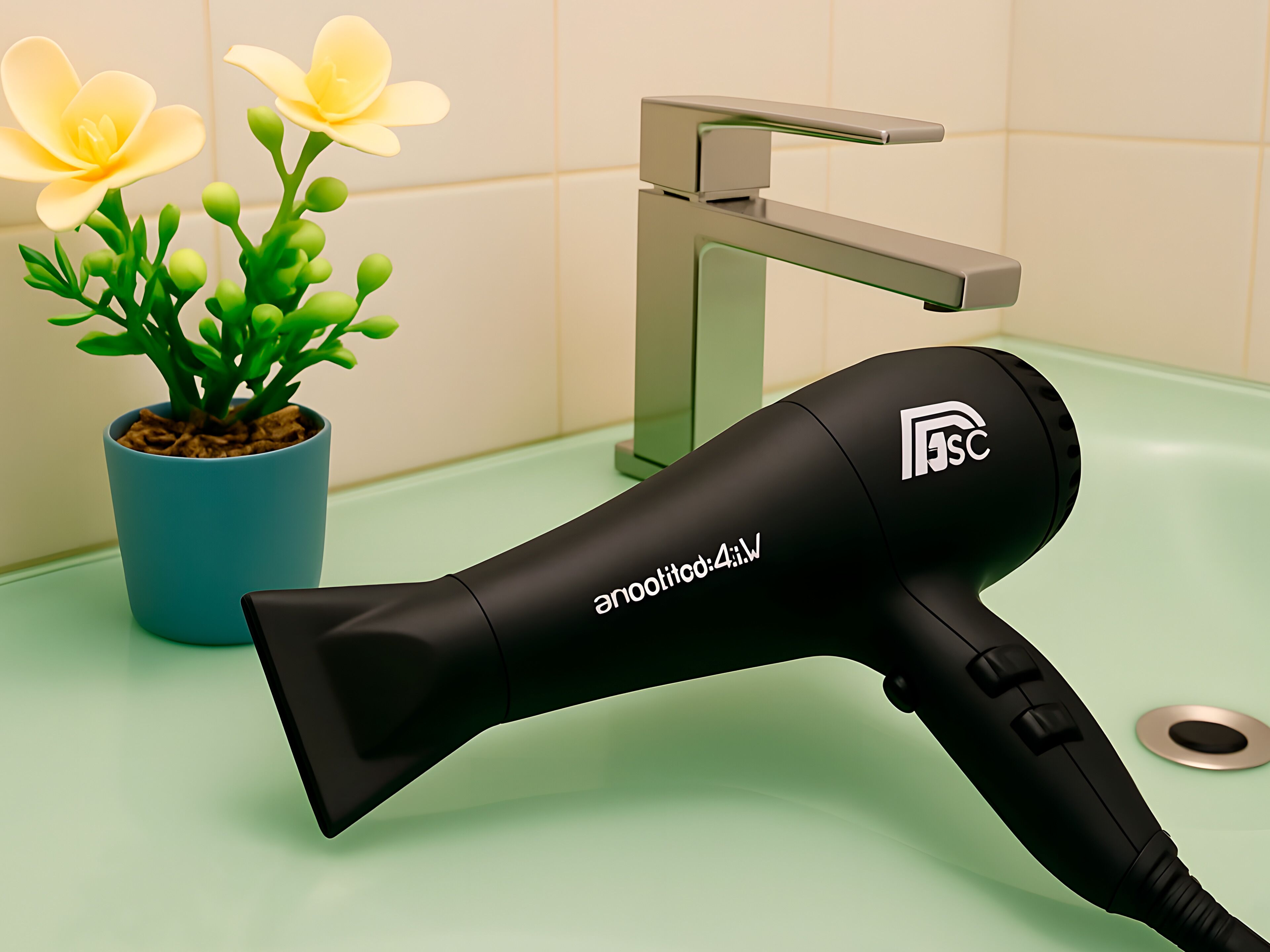 A hair dryer on a bathroom counter next to a potted plant and a faucet.