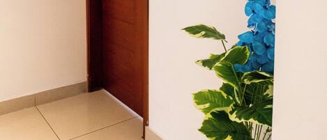 A hallway with a wooden door and a number sign '703' on the wall.