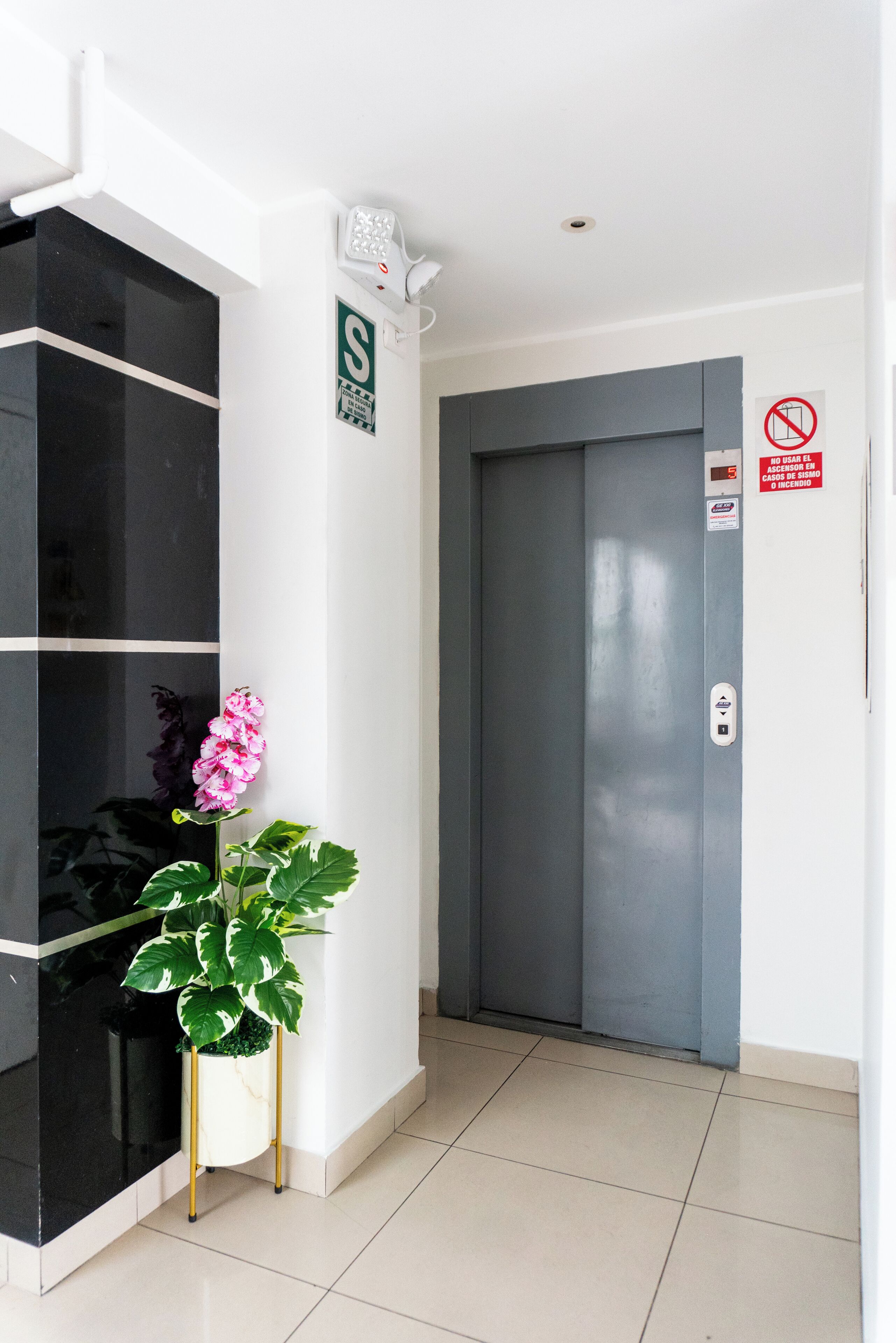 Een moderne lift met een rookverbodsbord, een beveiligingscamera en een potplant met roze bloemen.
