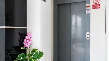 Een moderne lift met een rookverbodsbord, een beveiligingscamera en een potplant met roze bloemen.