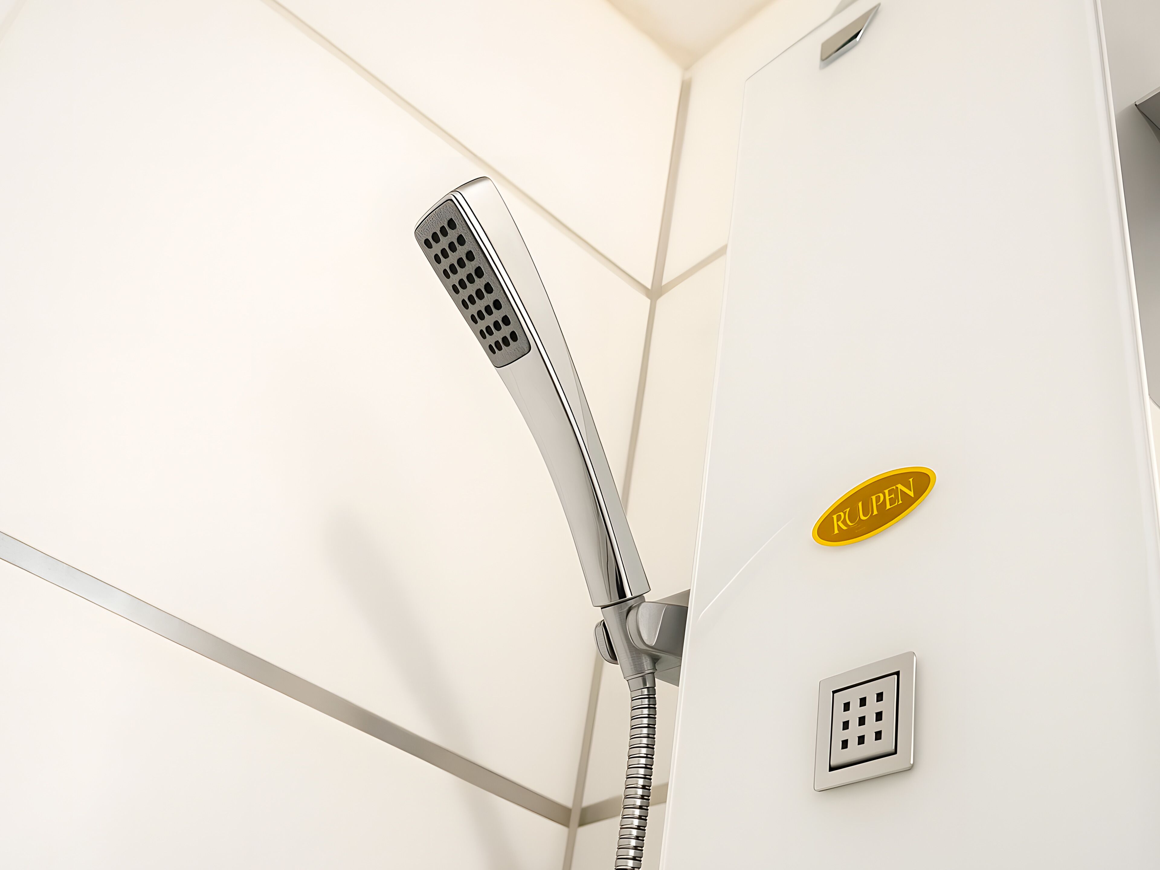 A shower with a handheld showerhead and a wall-mounted control panel.