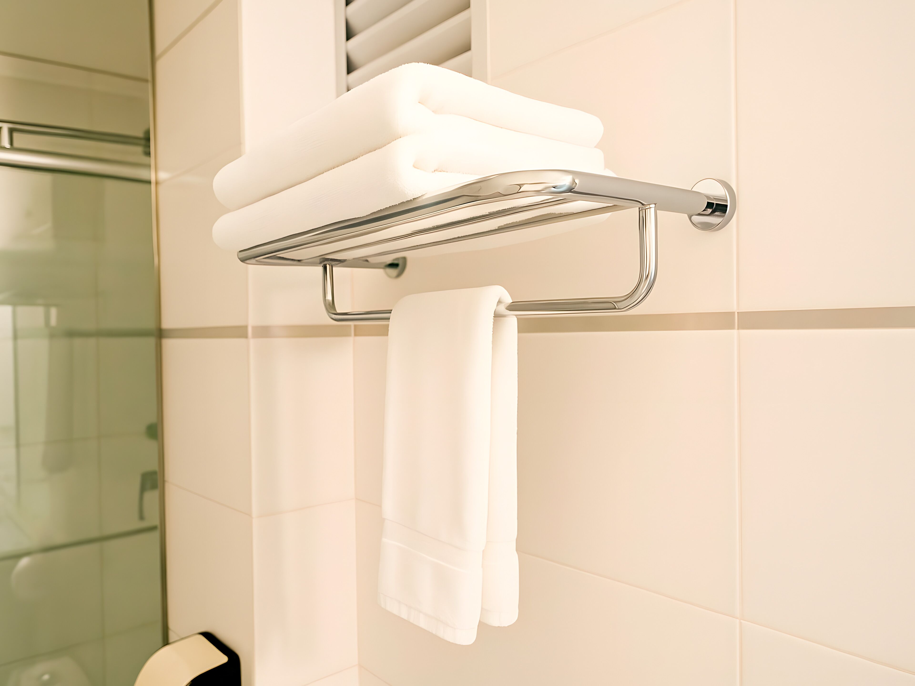 Ein Badezimmer mit Handtuchhalter, der ein gefaltetes Handtuch und ein weißes Handtuch auf einem Wandhandtuchwärmer zeigt.
