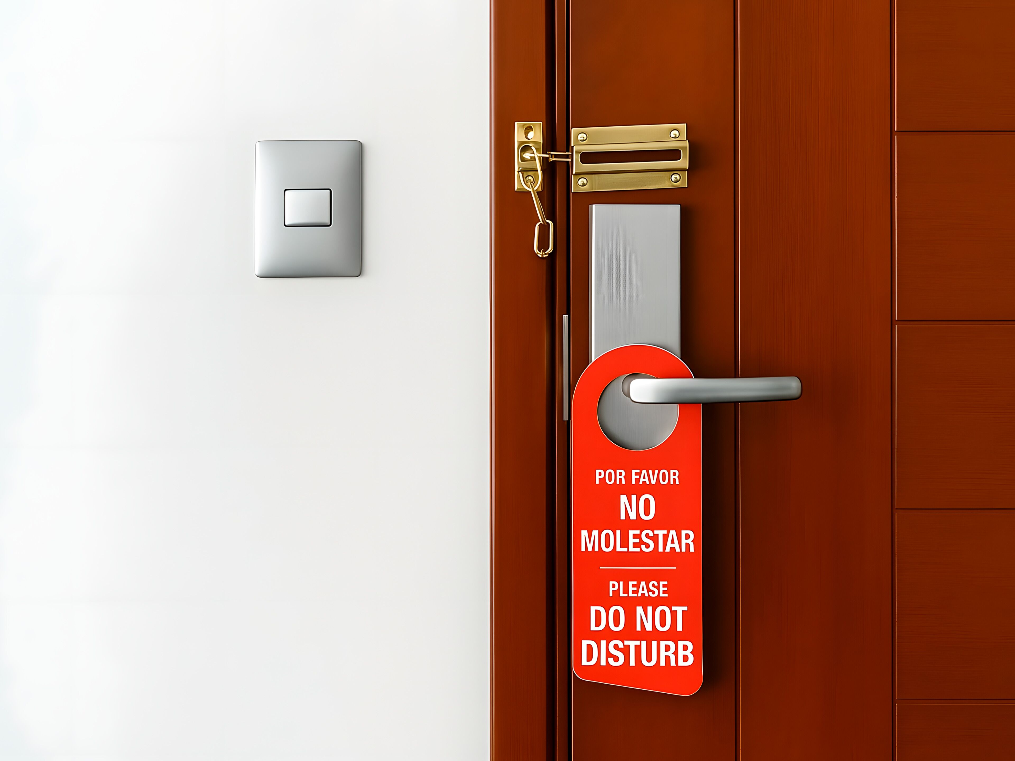 A door with a red sign that reads "POR FAVOR NO MOLESTAR PLEASE DO NOT DISTURB".