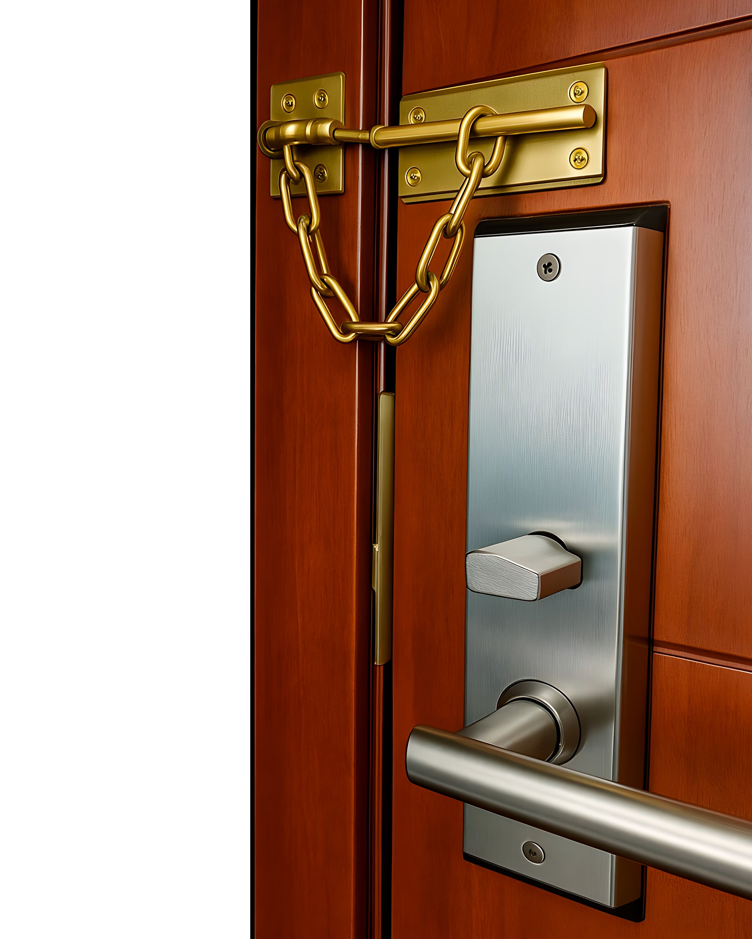 A door with a brass chain lock, a keyhole, and a modern handle.