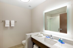 Une salle de bain moderne avec un lavabo blanc, un grand miroir et un meuble-lavabo en bois.