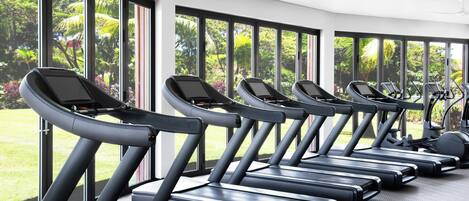 A row of treadmills in a gym with large windows offering a view of greenery.