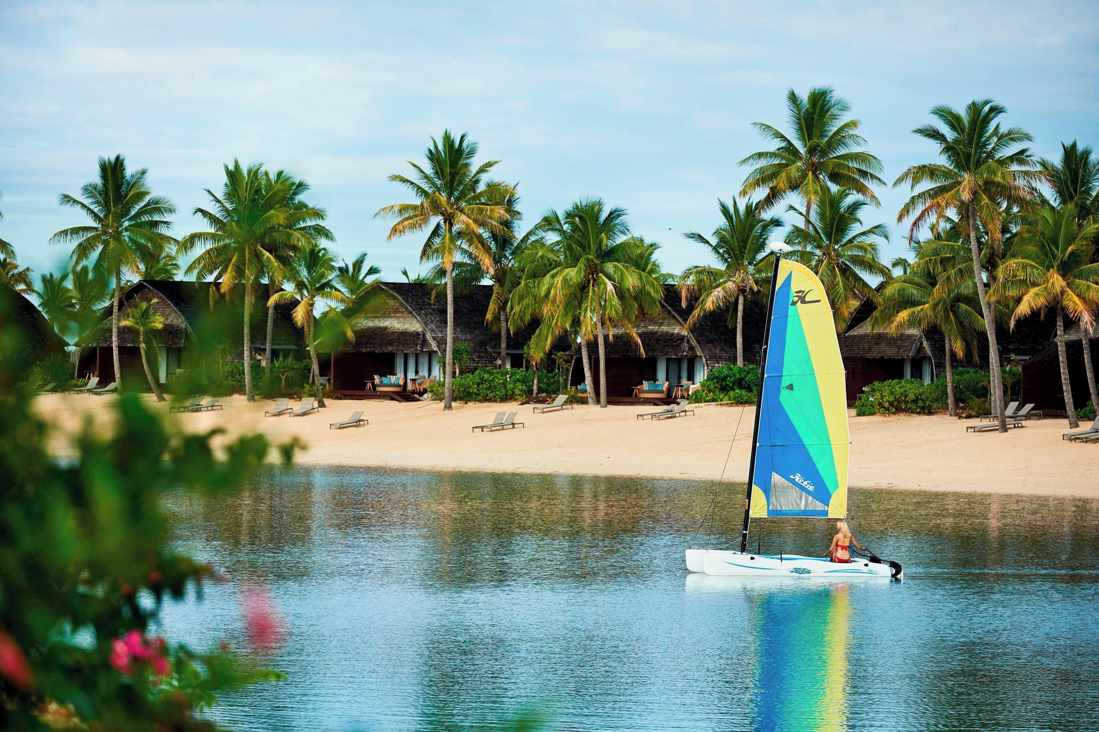 Eine Strandansicht mit Segelboot, Palmen und Strandhütten.