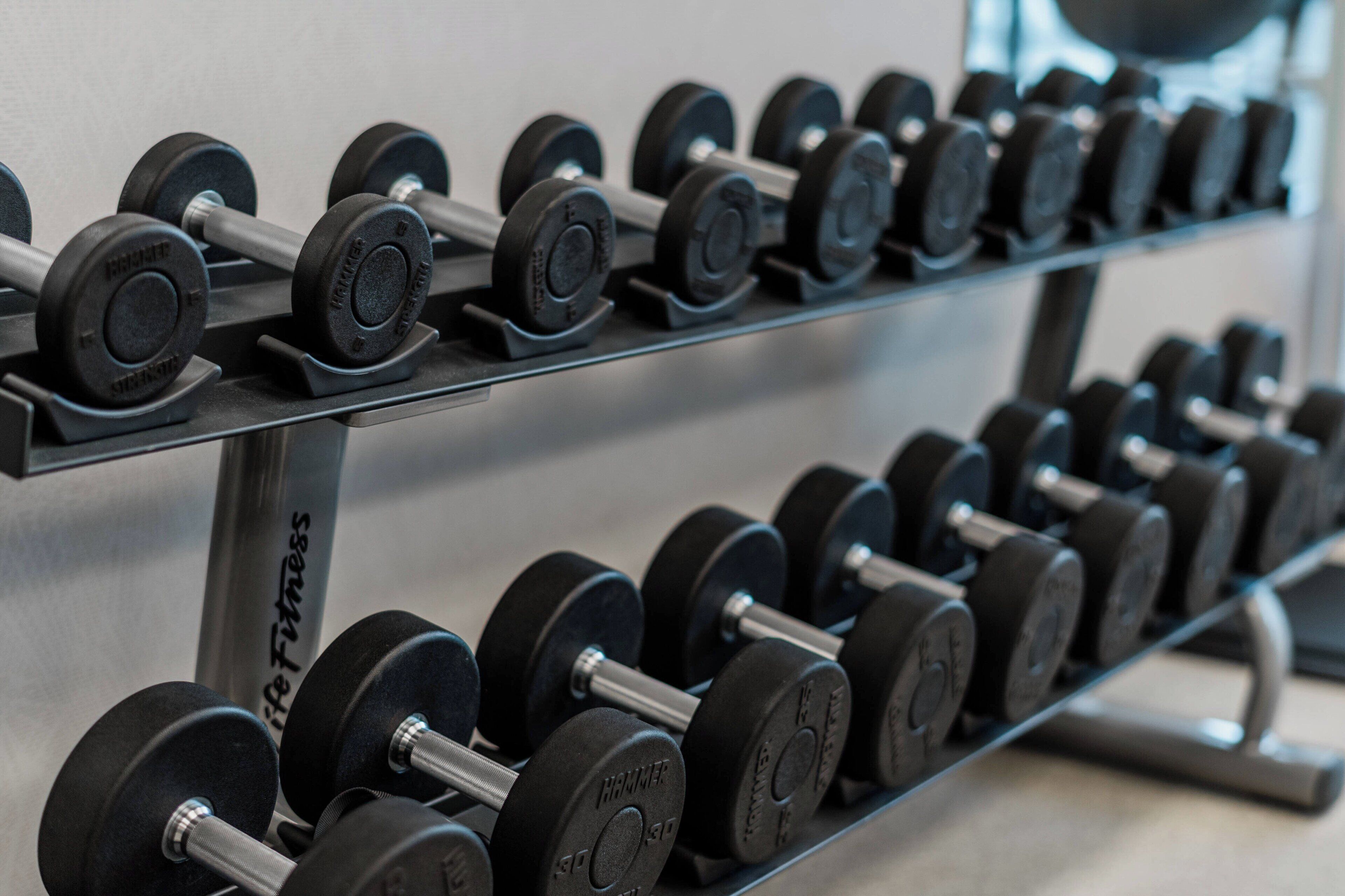 A rack of dumbbells with weight markings, arranged in rows on a metal stand.