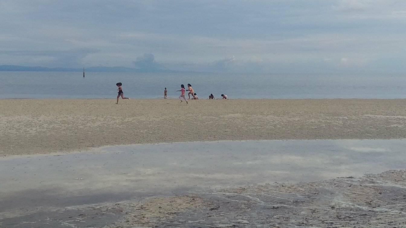 Una spiaggia con persone che giocano e si rilassano.