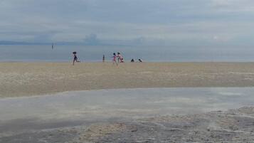 Una spiaggia con persone che giocano e si rilassano.