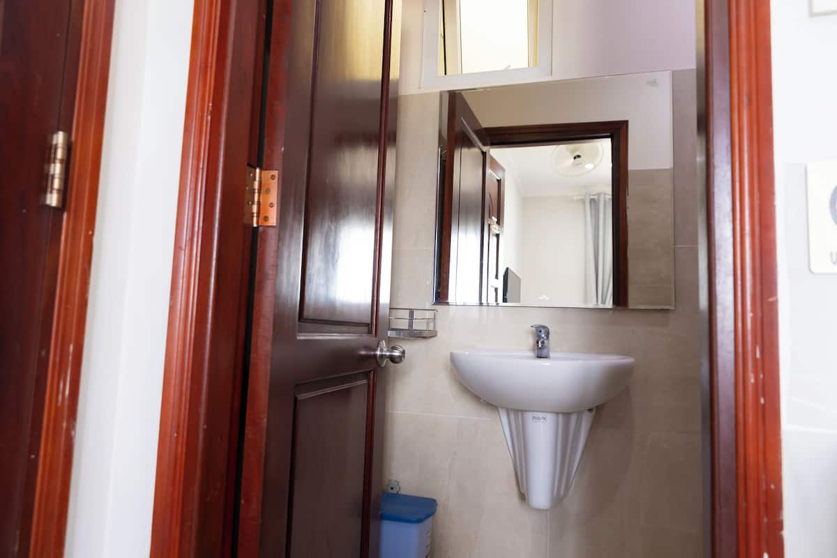 A bathroom with a white sink, a mirror, and a blue trash bin.