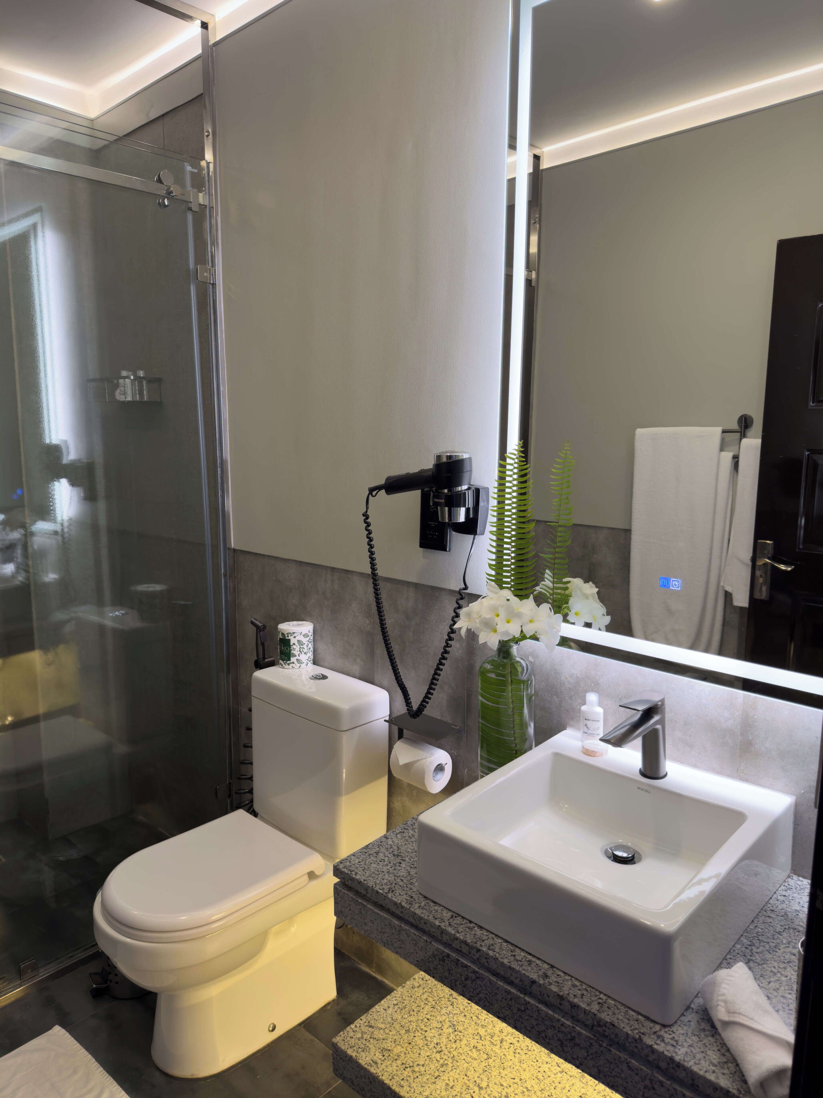 A modern bathroom with a glass-enclosed shower, a white toilet, a sink with a mirror, and a small plant.