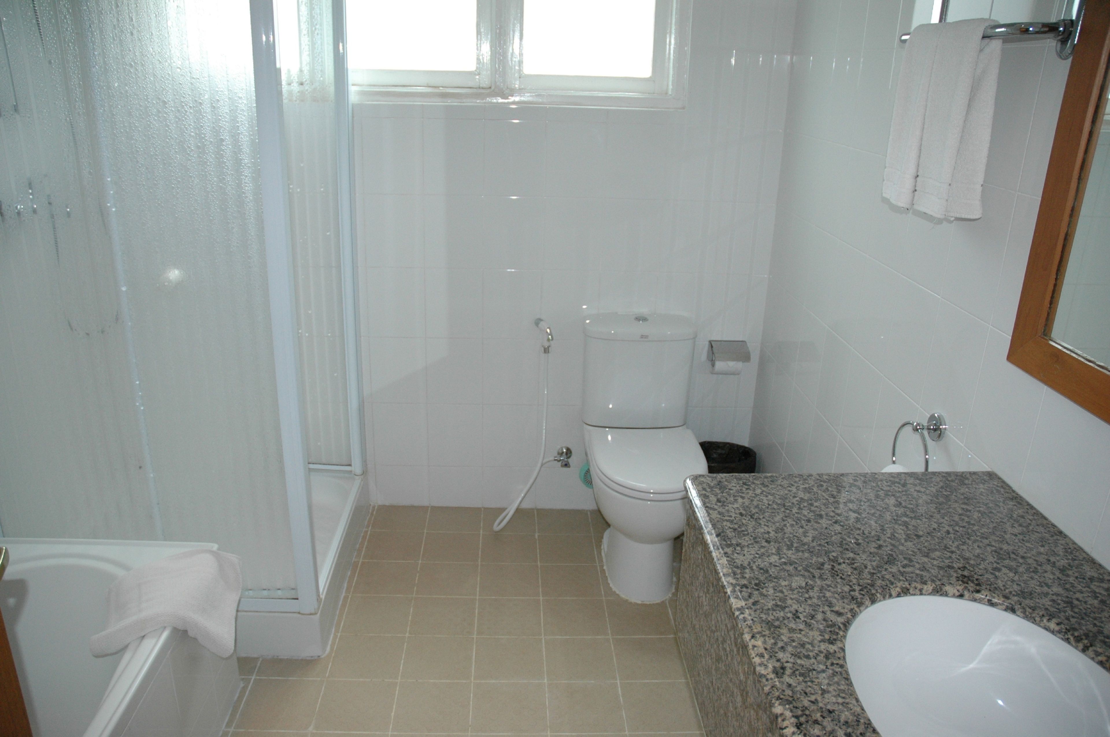 A bathroom with a toilet, sink, and shower.