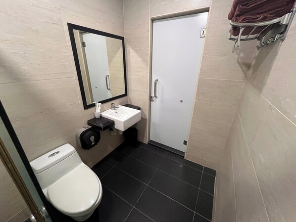 Un baño con inodoro, lavamanos, espejo y puerta.