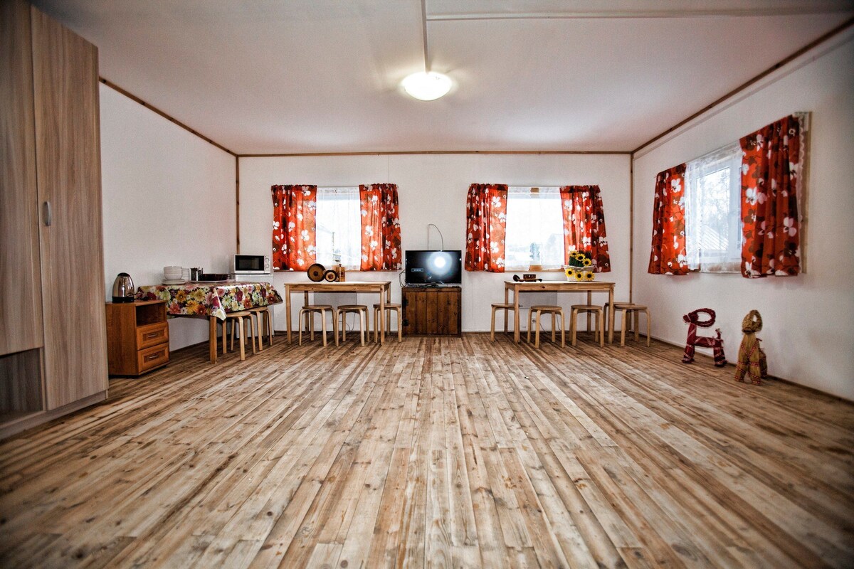 Una habitación con piso de madera, un televisor, una mesa de comedor con sillas y una mesita con microondas y otros objetos.