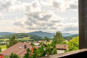 A view from a balcony overlooking a town with houses, trees, and mountains in the distance. - Arracher Hof (Arrach)