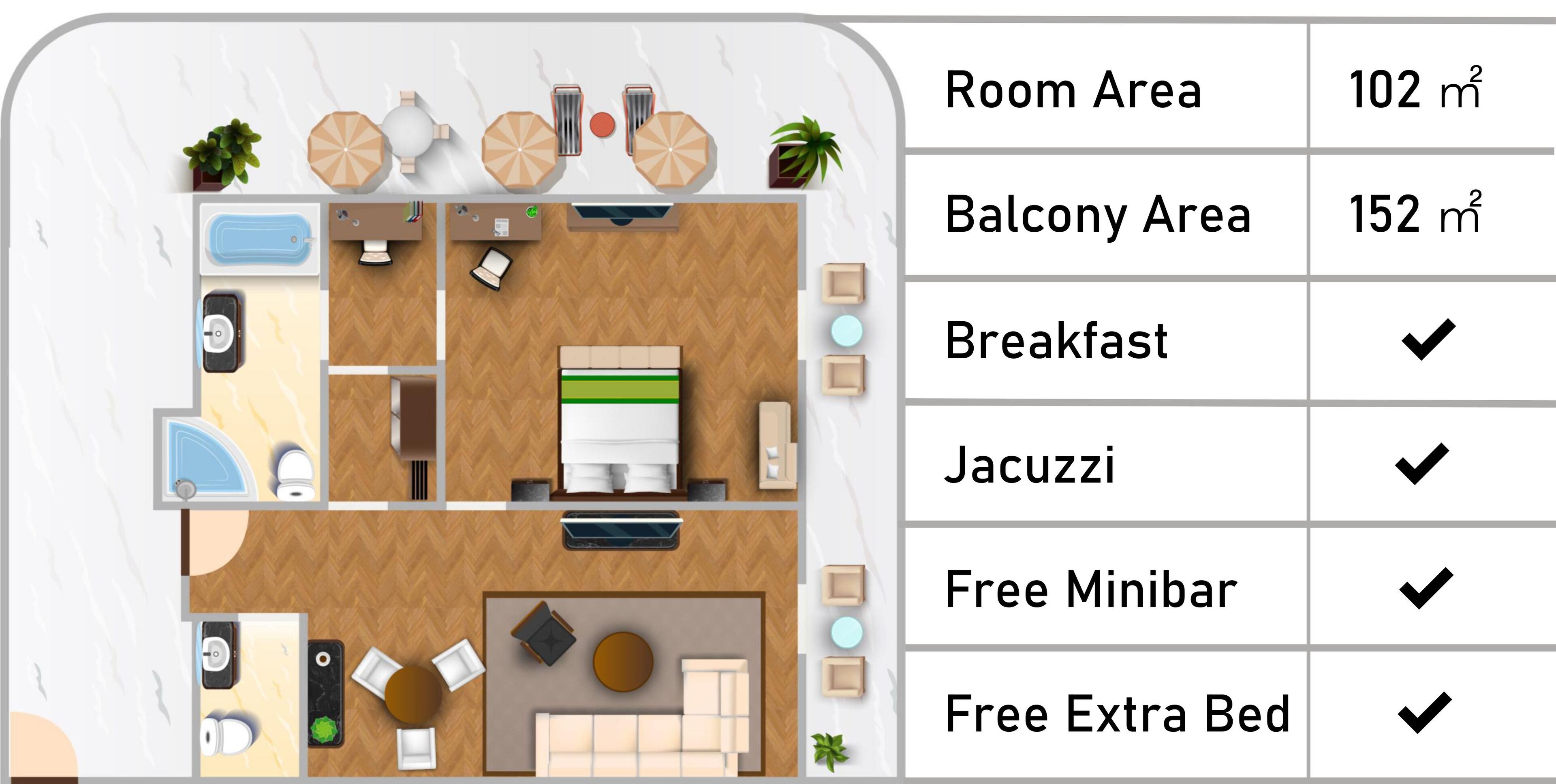 A hotel room layout with a bathroom, kitchenette, and a living area with a bed and seating. Amenities include breakfast, jacuzzi, minibar, and an extra bed. Room area is 102 m², balcony area is 152 m².