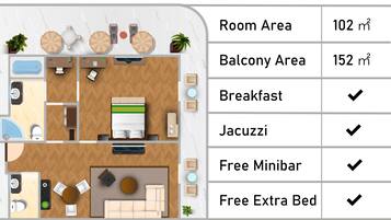 A hotel room layout with a bathroom, kitchenette, and a living area with a bed and seating. Amenities include breakfast, jacuzzi, minibar, and an extra bed. Room area is 102 m², balcony area is 152 m².
