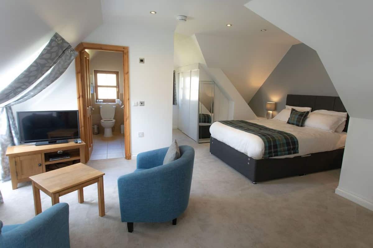 A bedroom with a bed, a TV, and a desk.