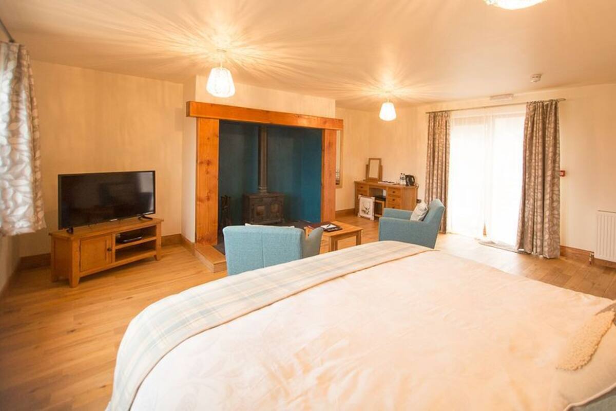 A bedroom with a large bed, a television, a wooden cabinet, a blue chair, and a fireplace.