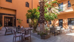 Un área de estar al aire libre con mesas y sillas, rodeada de plantas y una palmera.