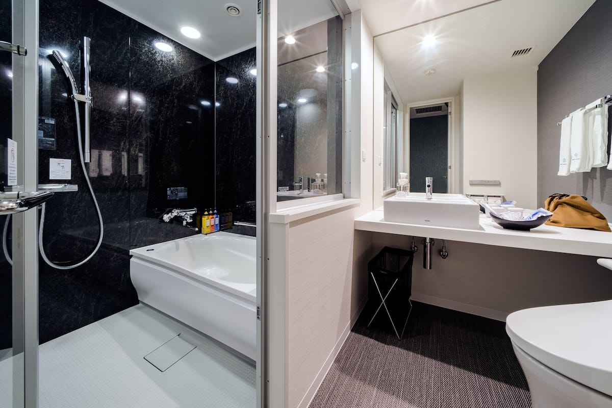 shower, hair dryer, bathrobes, slippers