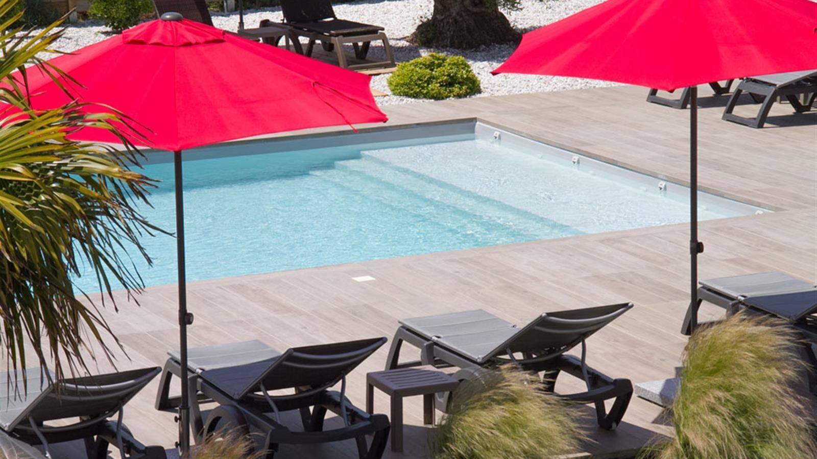 seasonal outdoor pool, pool umbrellas, pool loungers