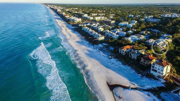 An aerial view of a coastal residential area with beachfront properties, a sandy beach, and a clear view of the ocean. - Dream Weaver 5 Bedroom Holiday Home by Five Star Properties (Santa Rosa Beach)