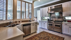 A modern kitchen with white cabinets, stainless steel appliances, and large windows with blinds.