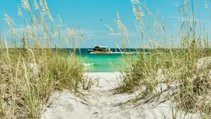 Une plage avec des dunes de sable et de hautes herbes au premier plan, qui s’étend jusqu’à une mer calme.