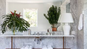 A bathroom with a marble sink, a mirror, a potted plant, a vase, and a towel rack.