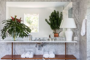 Ein Badezimmer mit Marmorwaschbecken, einem Spiegel, einer Topfpflanze, einer Vase und einem Handtuchhalter.