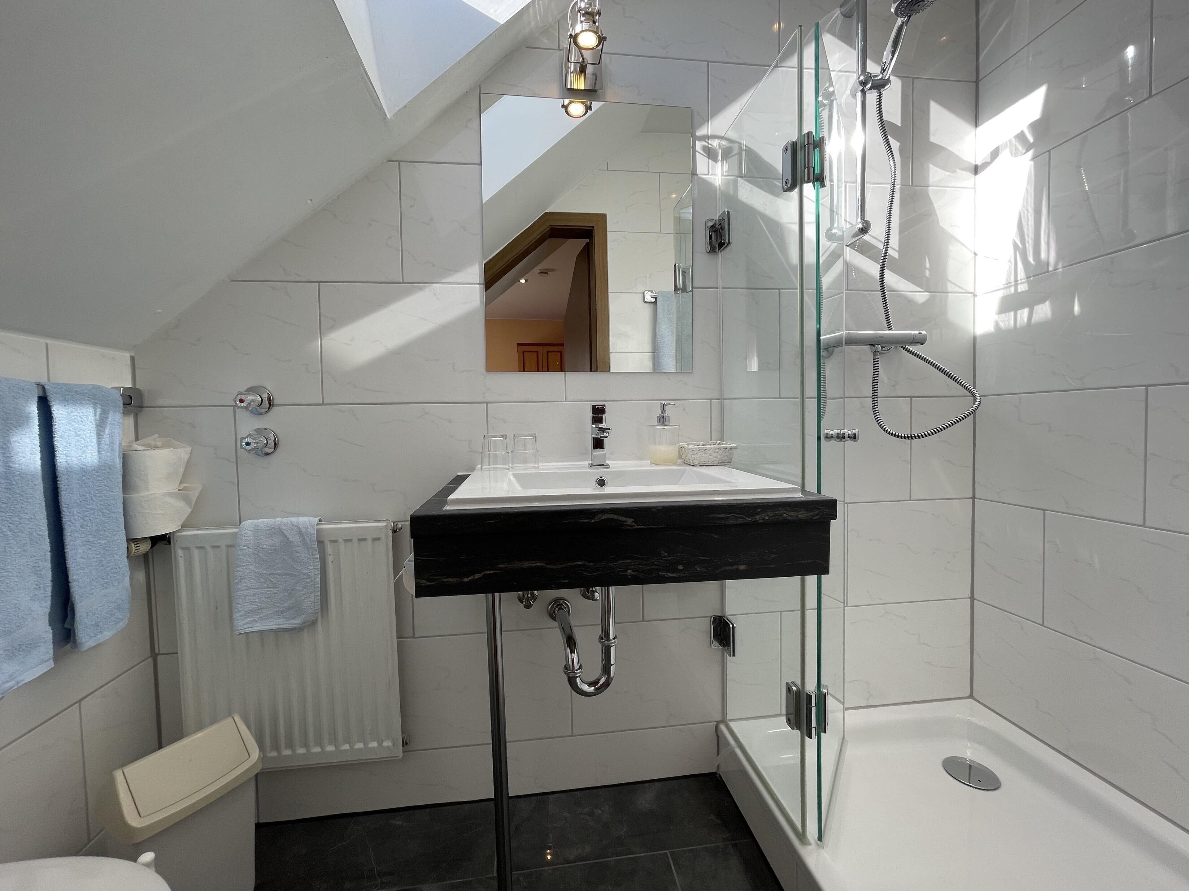 double room single use | bathroom | shower, free toiletries, hair dryer, towels