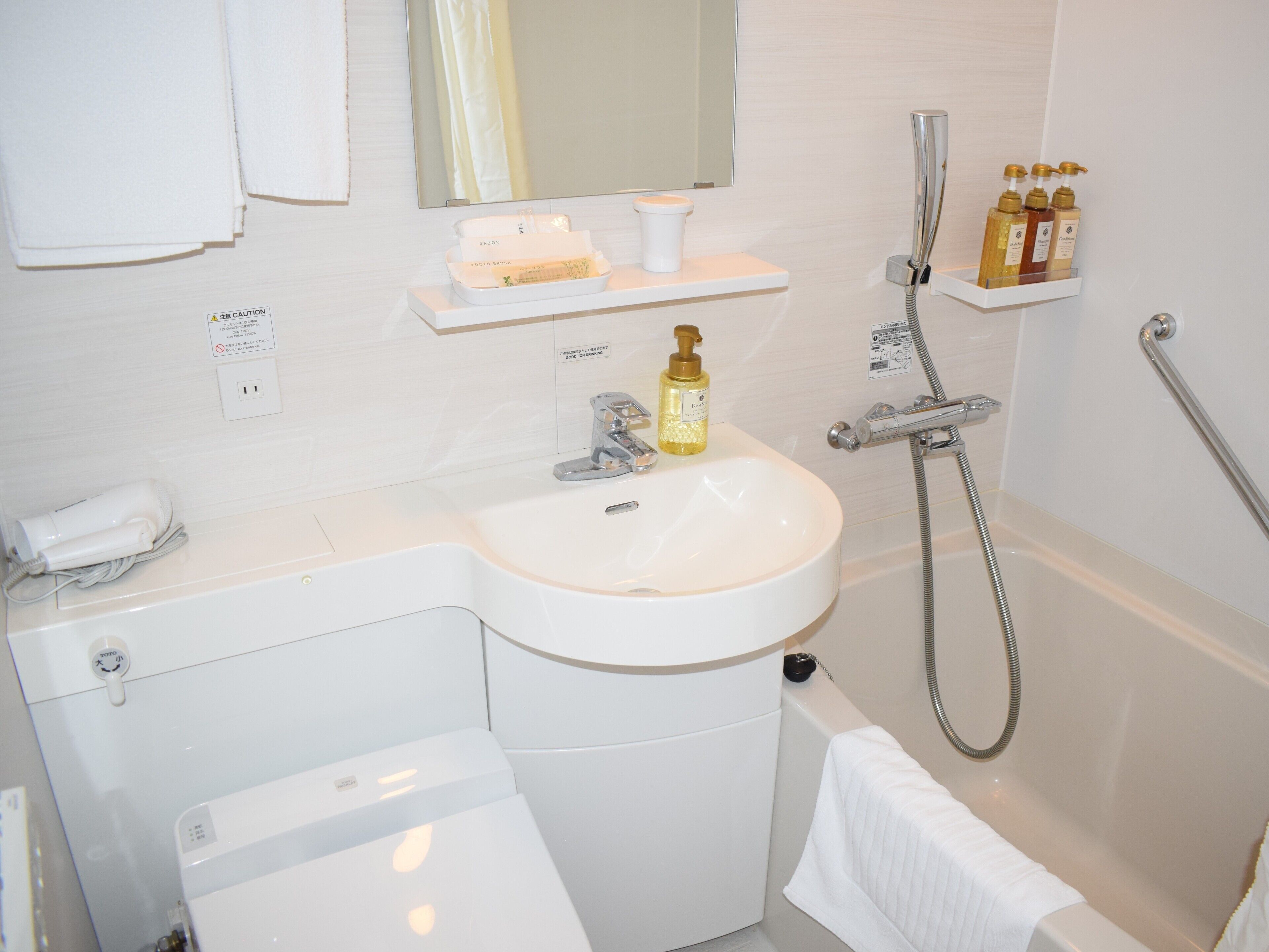 combined shower/bathtub, free toiletries, hair dryer, bidet