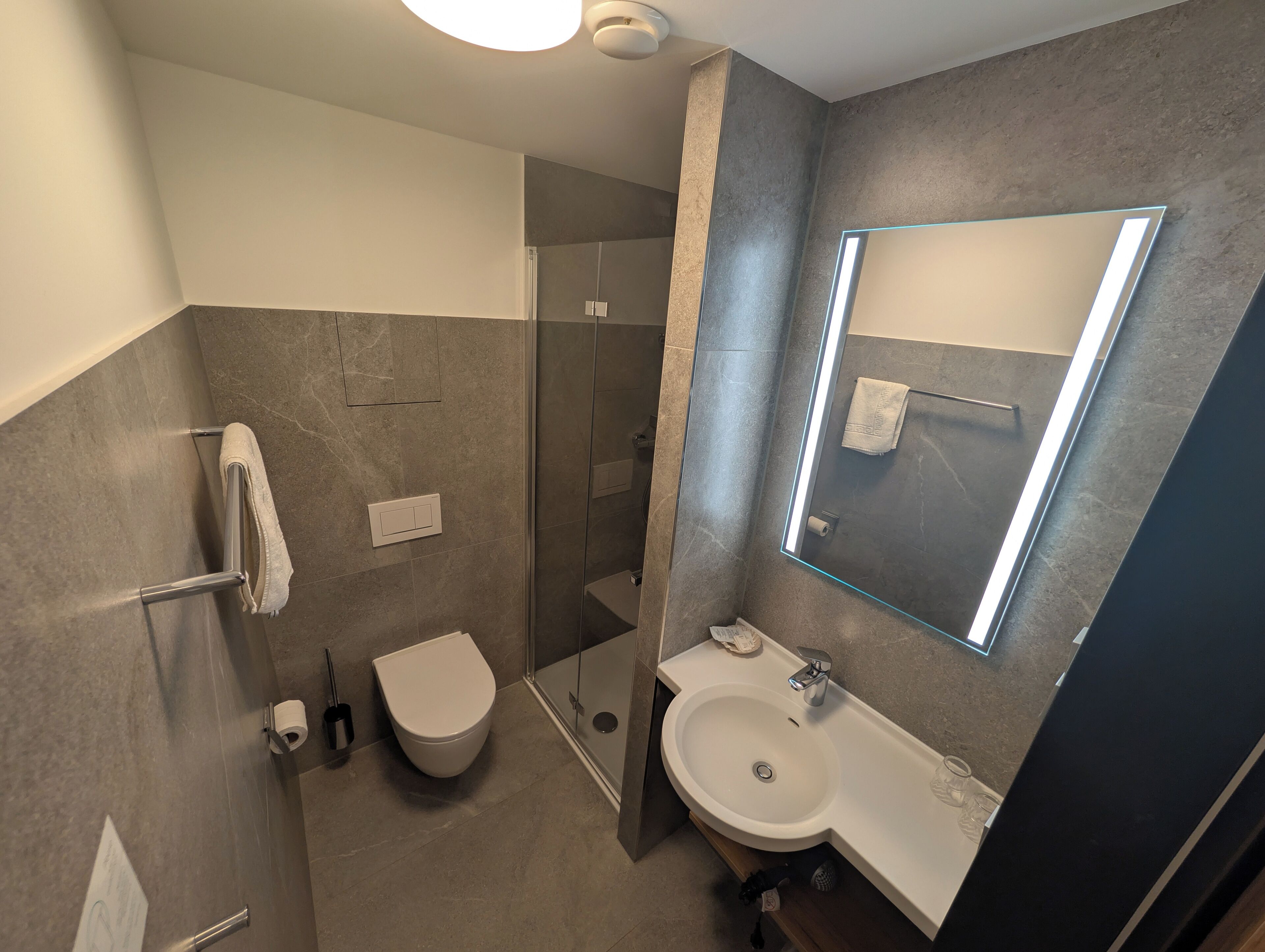 Un baño moderno con inodoro, ducha y lavamanos.