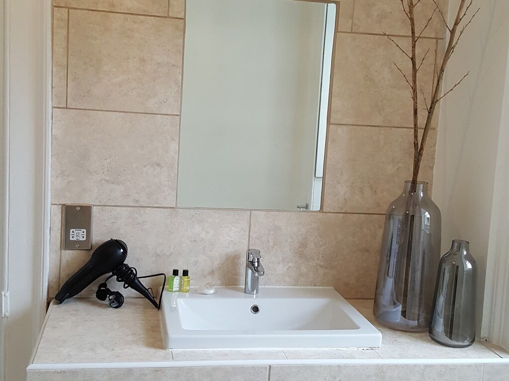 A bathroom with a white sink, a mirror, and a hairdryer on the counter. There are three bottles of shampoo and conditioner on the sink.