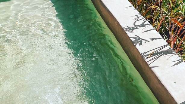 Ein Esstisch mit Tablett, auf dem Speisen und Getränke stehen, neben einem Pool.