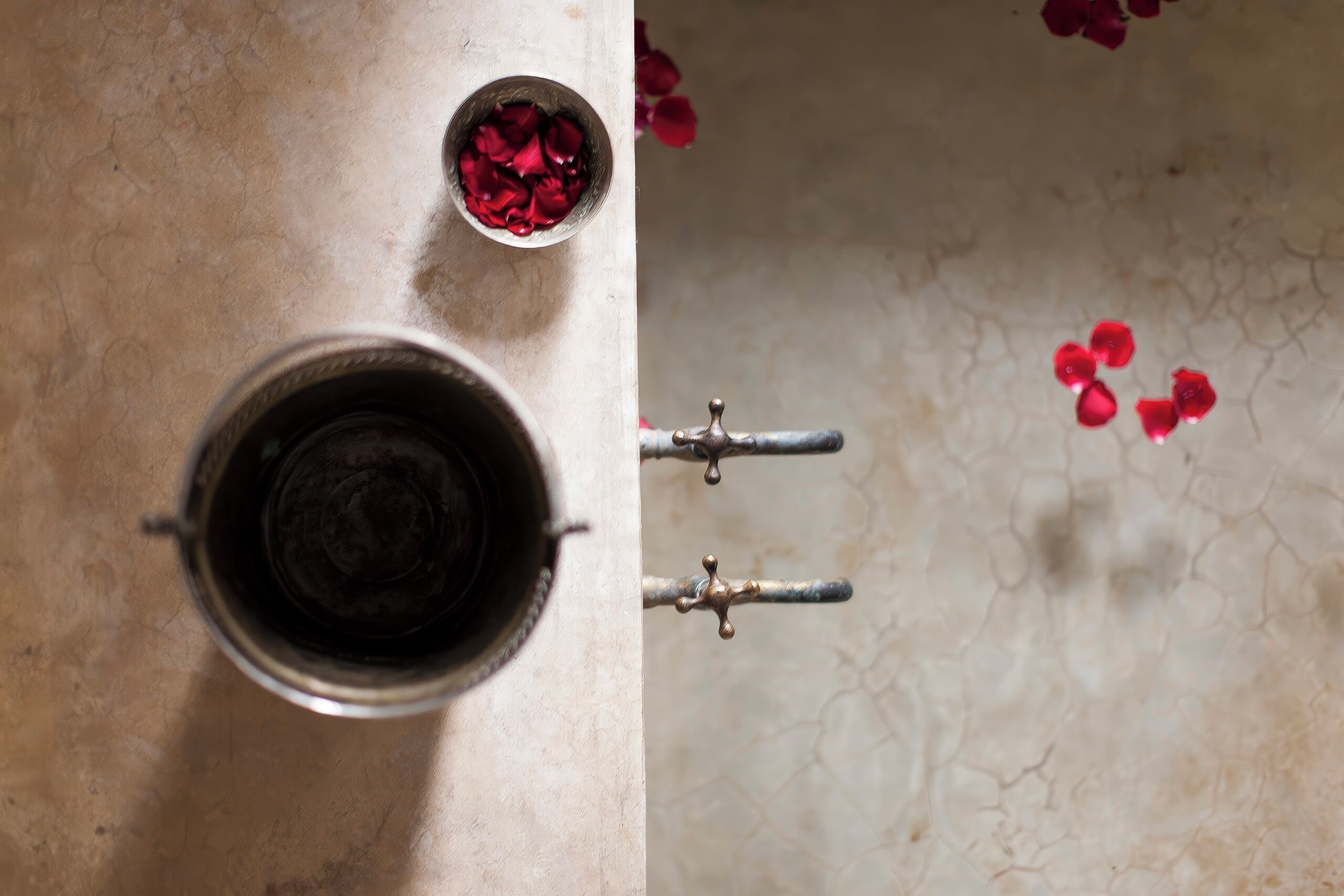 A bathroom with a sink, a small bowl of rose petals, and a faucet.